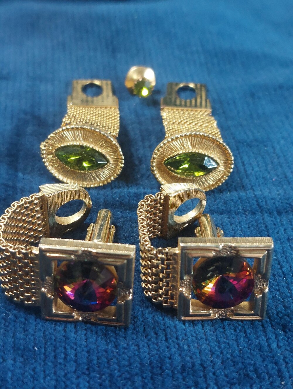 Goldtone Mesh Red & Green Rhinestone/Cut Glass Estate Cufflinks, Two Pairs